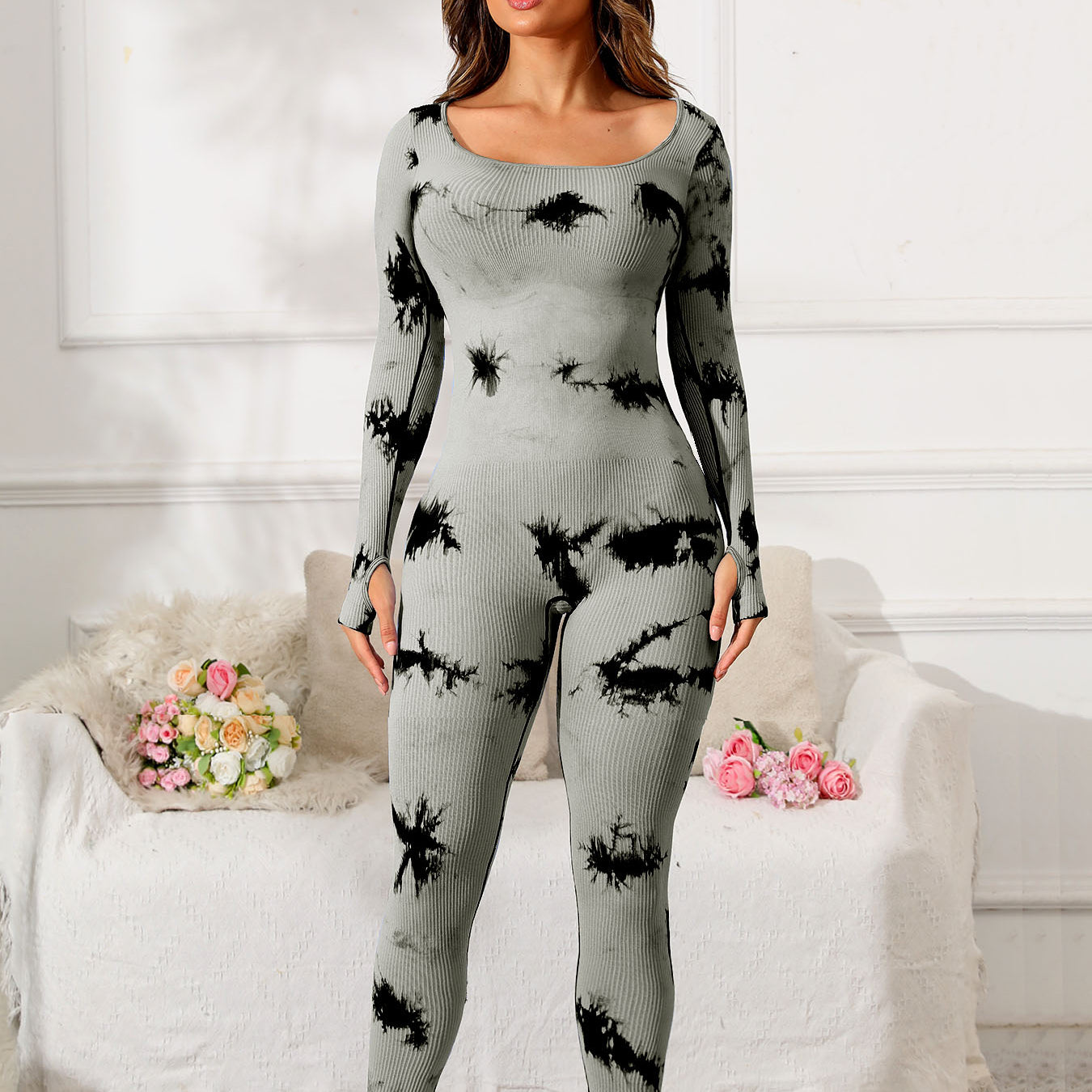 FleekGoddess Scoop Neck Long Sleeve Tie-Dye Jumpsuit