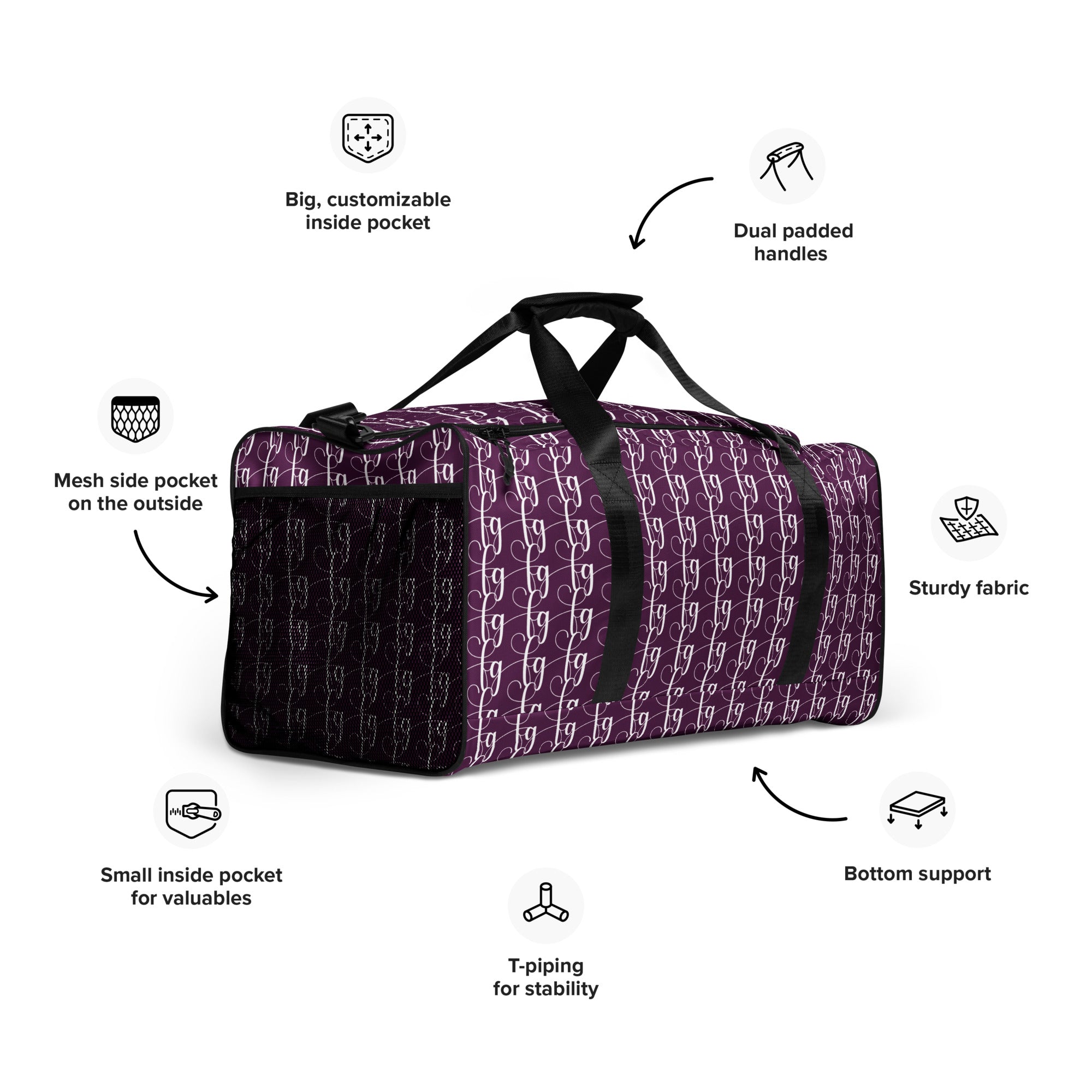 Tyrian Purple / White FG Blocked Duffle Bag - FleekGoddess