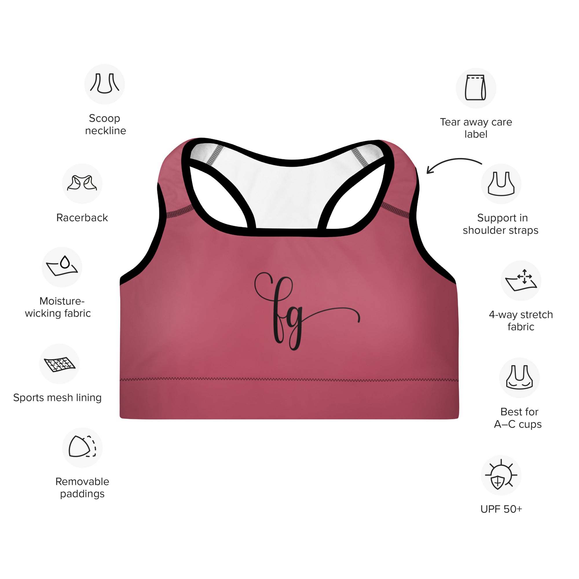 Hippie Pink / Black FG Padded Sports Bra - FleekGoddess