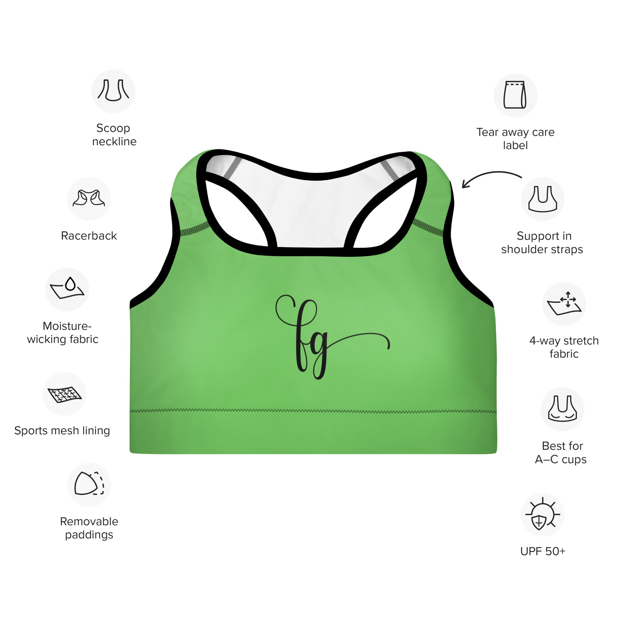 Mantis Green / Black FG Padded Sports Bra - FleekGoddess