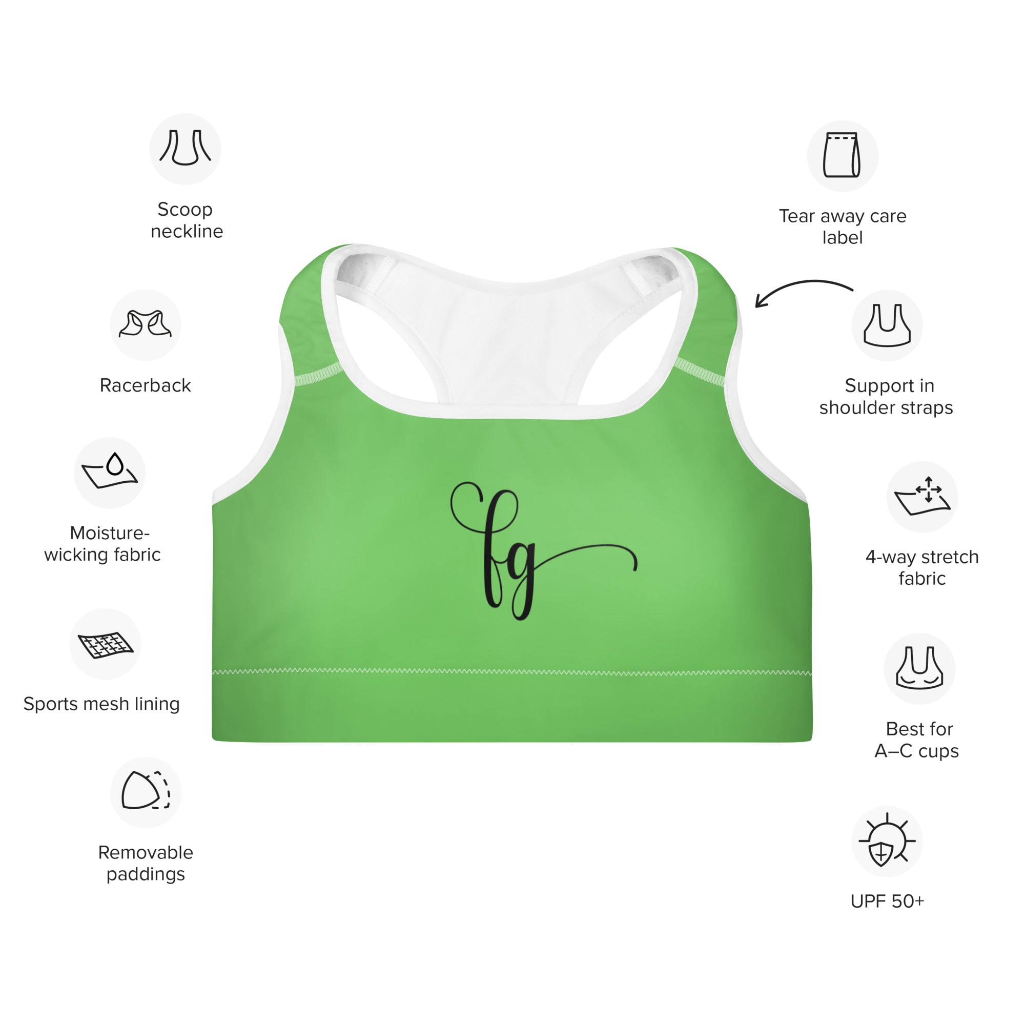 Mantis Green / Black FG Padded Sports Bra - FleekGoddess