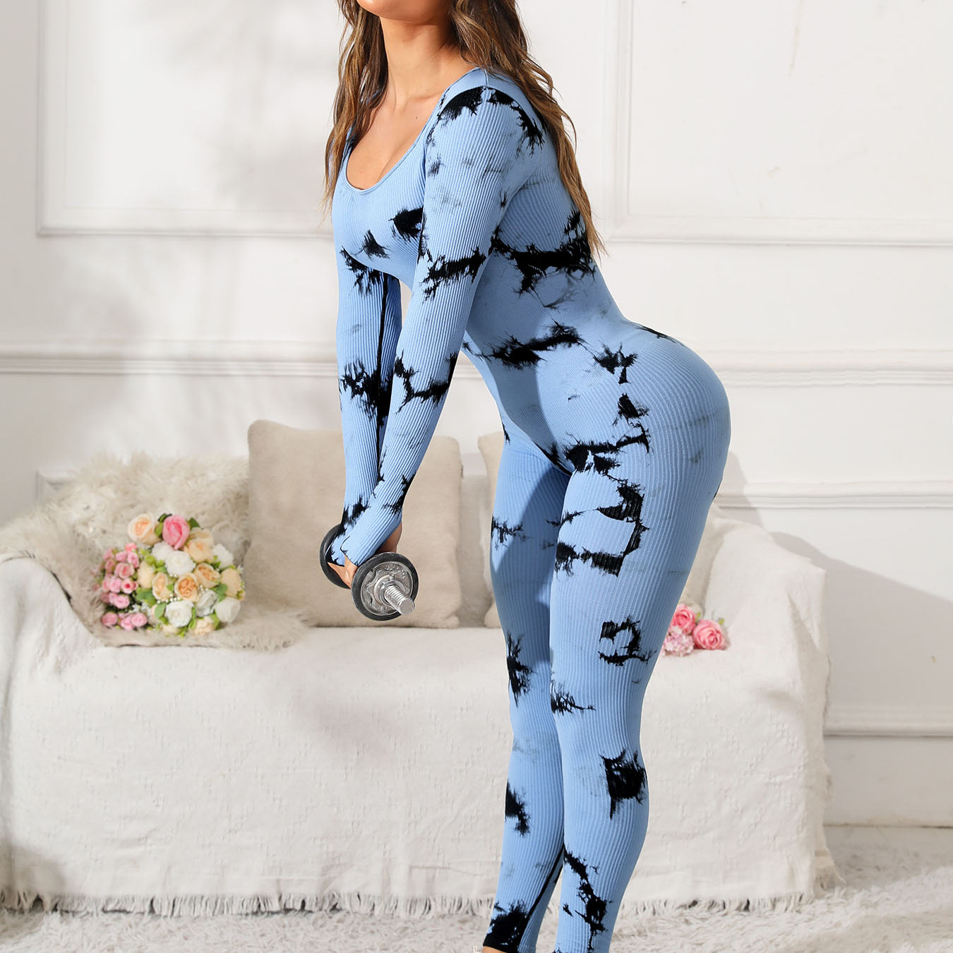 FleekGoddess Scoop Neck Long Sleeve Tie-Dye Jumpsuit