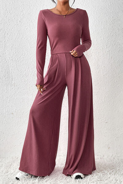 FleeceFlex Ribbed Round Neck Top and Wide-Leg Pants Set - FleekGoddess