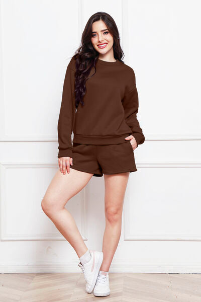 FleeceFlex Round Neck Long Sleeve Sweatshirt and Drawstring Shorts Set - FleekGoddess