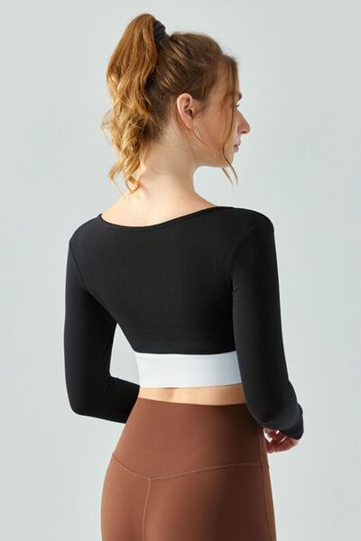 Square Neck Decorative Button Long Sleeve Active T-Shirt - FleekGoddess