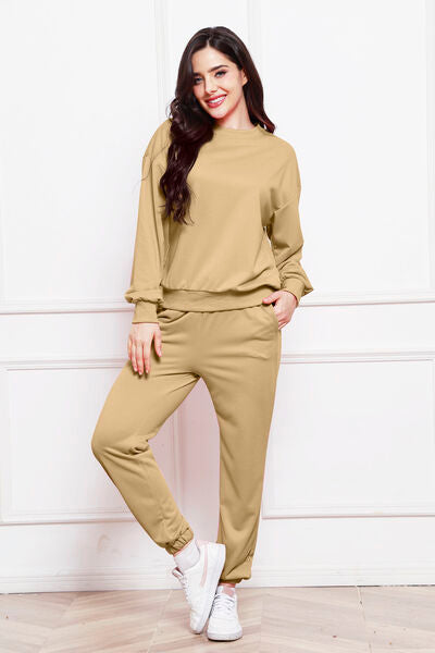 FleeceFlex Round Neck Long Sleeve Sweatshirt and Pants Set - FleekGoddess