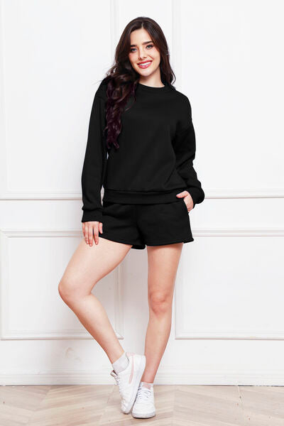 FleeceFlex Round Neck Long Sleeve Sweatshirt and Drawstring Shorts Set - FleekGoddess