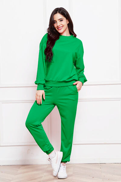 FleeceFlex Round Neck Long Sleeve Sweatshirt and Pants Set - FleekGoddess