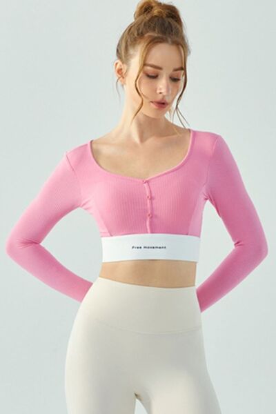 Square Neck Decorative Button Long Sleeve Active T-Shirt - FleekGoddess