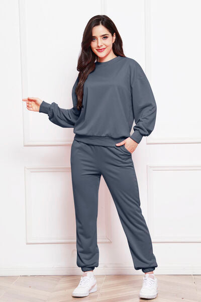 FleeceFlex Round Neck Long Sleeve Sweatshirt and Pants Set - FleekGoddess