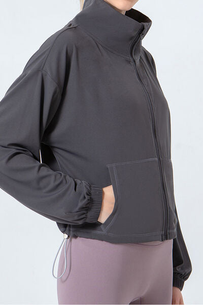 TrainTech Drawstring Zip Up Dropped Shoulder Active Outerwear - FleekGoddess