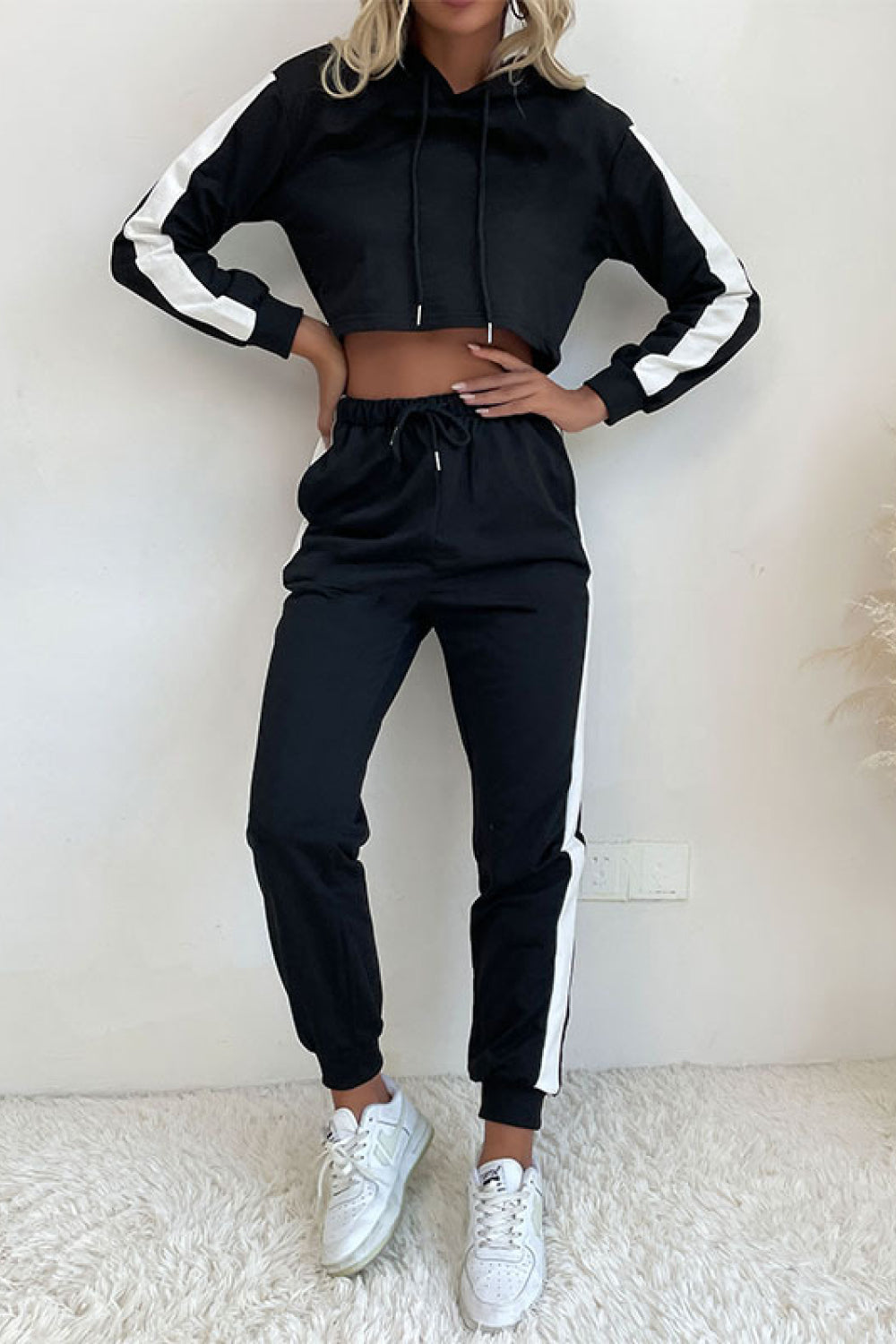 FleeceFlex Side Stripe Cropped Hoodie and Jogger Set - FleekGoddess