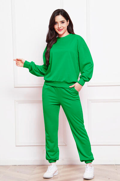 FleeceFlex Round Neck Long Sleeve Sweatshirt and Pants Set - FleekGoddess