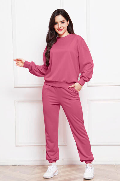 FleeceFlex Round Neck Long Sleeve Sweatshirt and Pants Set - FleekGoddess