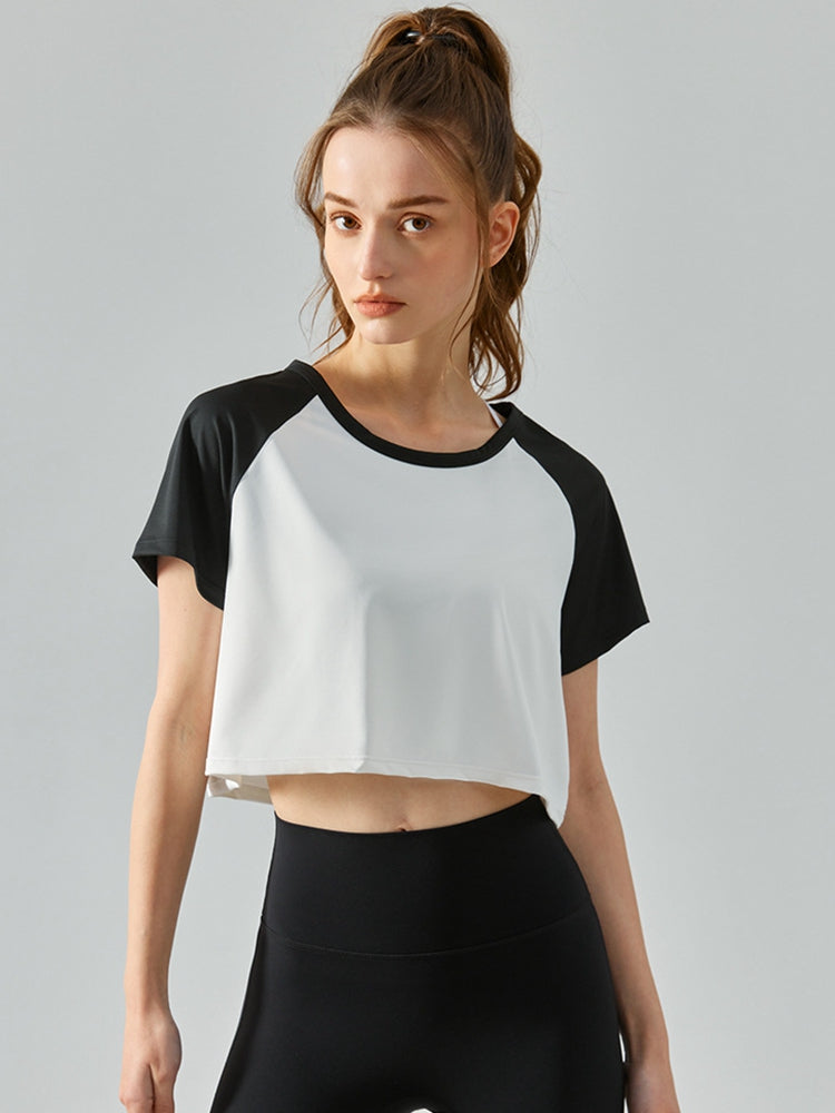 TrainTech Round Neck Raglan Sleeve Cropped Sports Top - FleekGoddess