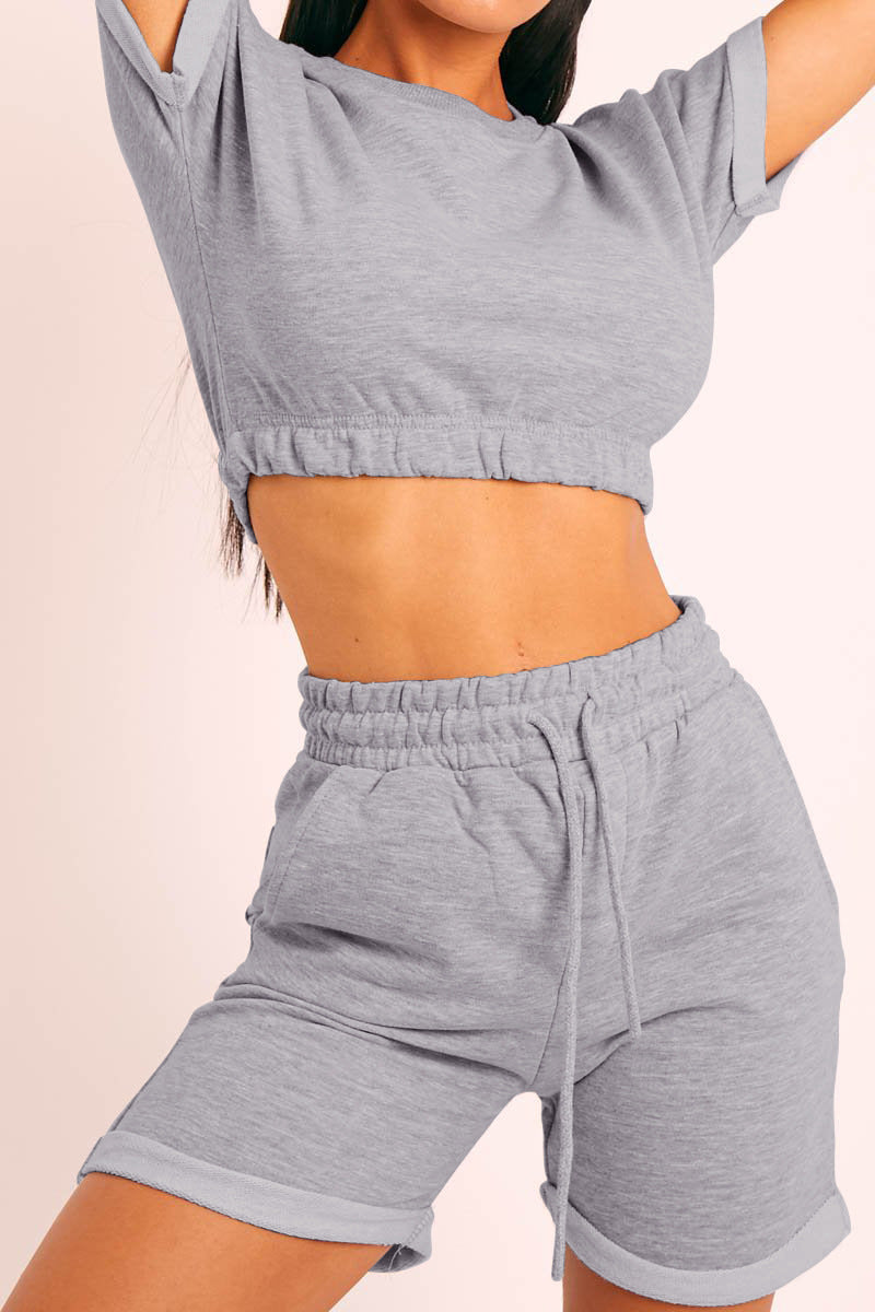FleeceFlex Short Sleeve Cropped Top and Drawstring Shorts Lounge Set - FleekGoddess