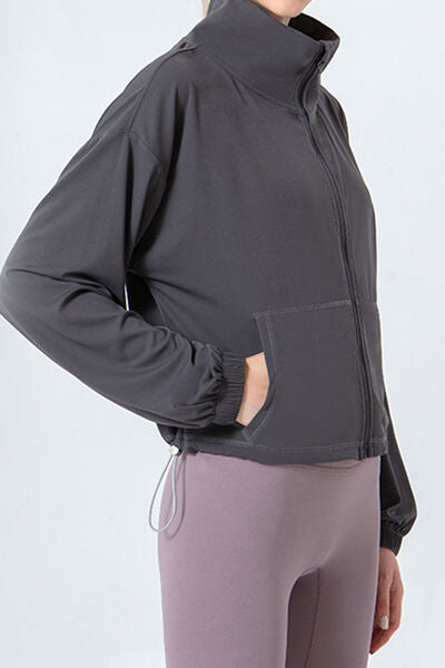 TrainTech Drawstring Zip Up Dropped Shoulder Active Outerwear - FleekGoddess