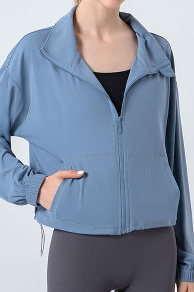 TrainTech Drawstring Zip Up Dropped Shoulder Active Outerwear - FleekGoddess
