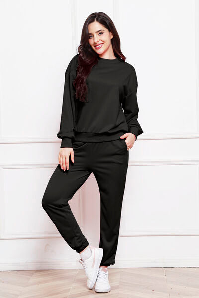 FleeceFlex Round Neck Long Sleeve Sweatshirt and Pants Set - FleekGoddess
