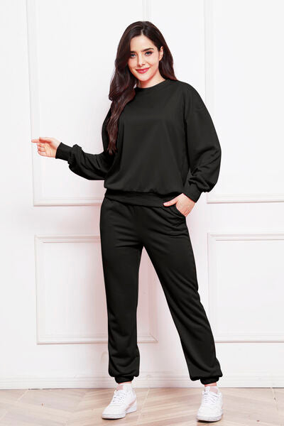 FleeceFlex Round Neck Long Sleeve Sweatshirt and Pants Set - FleekGoddess