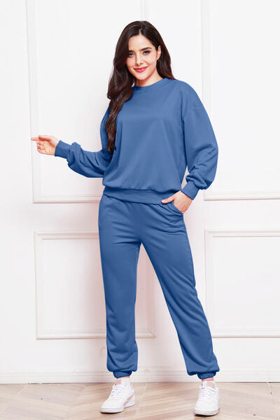FleeceFlex Round Neck Long Sleeve Sweatshirt and Pants Set - FleekGoddess