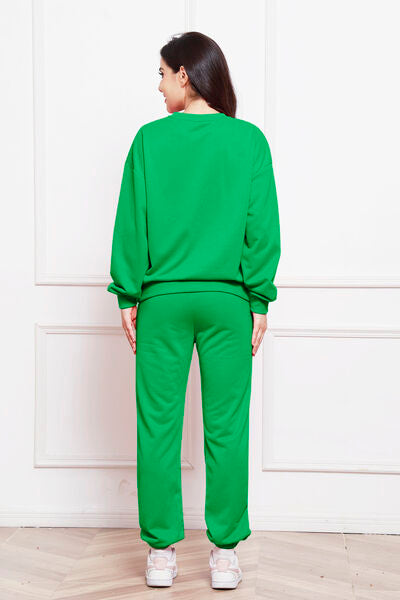 FleeceFlex Round Neck Long Sleeve Sweatshirt and Pants Set - FleekGoddess