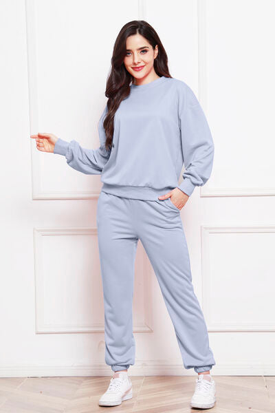 FleeceFlex Round Neck Long Sleeve Sweatshirt and Pants Set - FleekGoddess