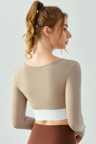 Square Neck Decorative Button Long Sleeve Active T-Shirt - FleekGoddess