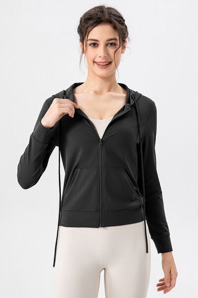TrainTech Drawstring Zip Up Hooded Active Outerwear - FleekGoddess