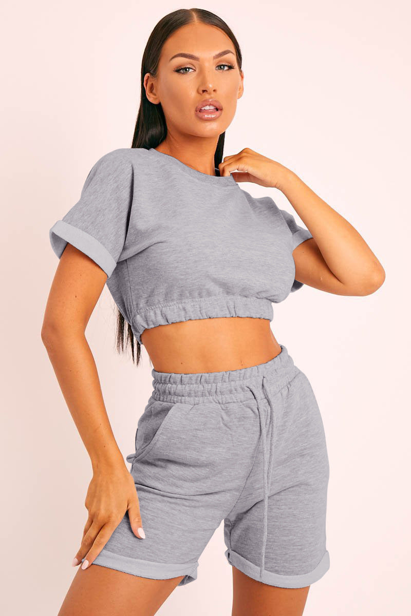 FleeceFlex Short Sleeve Cropped Top and Drawstring Shorts Lounge Set - FleekGoddess