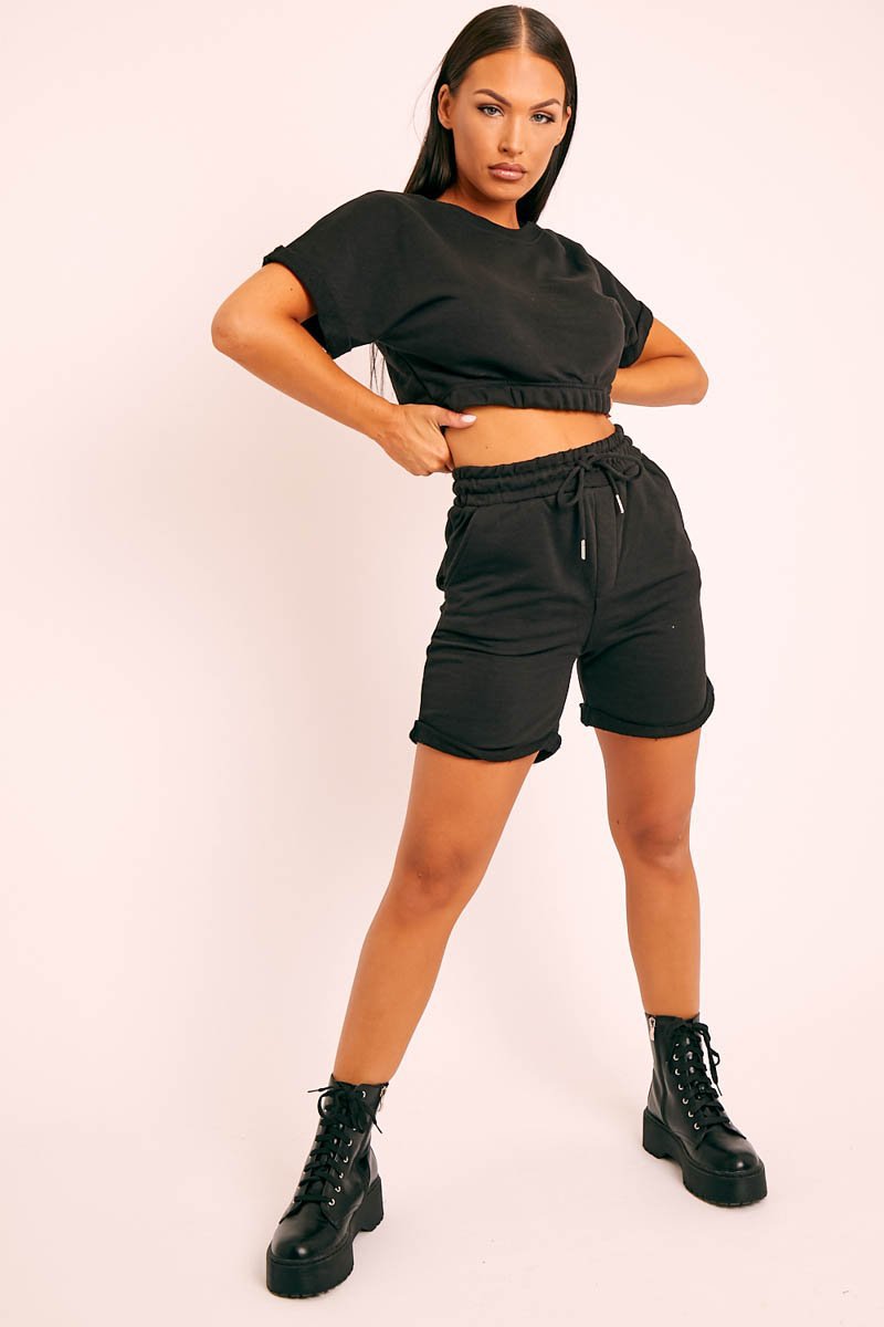 FleeceFlex Short Sleeve Cropped Top and Drawstring Shorts Lounge Set - FleekGoddess