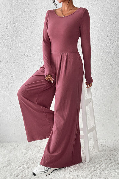FleeceFlex Ribbed Round Neck Top and Wide-Leg Pants Set - FleekGoddess