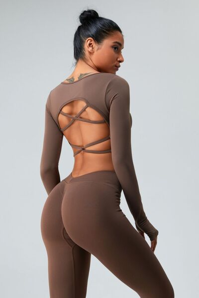 YogaFlex Cutout Round Neck Long Sleeve Active T-Shirt - FleekGoddess