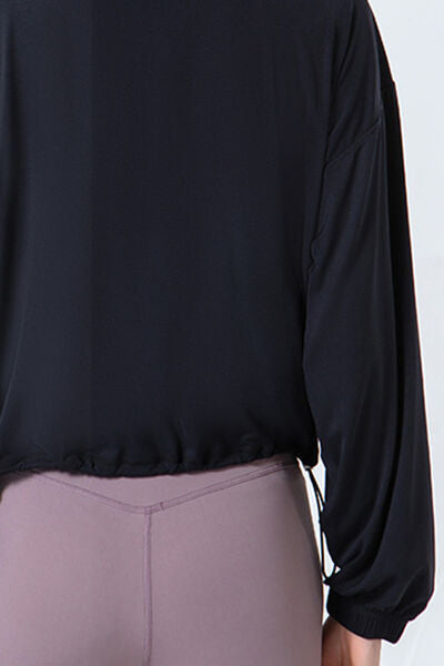 TrainTech Drawstring Zip Up Dropped Shoulder Active Outerwear - FleekGoddess