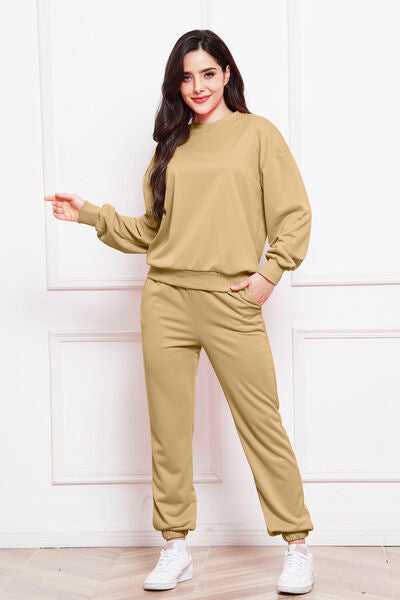 FleeceFlex Round Neck Long Sleeve Sweatshirt and Pants Set - FleekGoddess