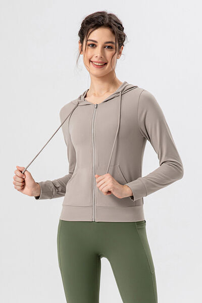 TrainTech Drawstring Zip Up Hooded Active Outerwear - FleekGoddess
