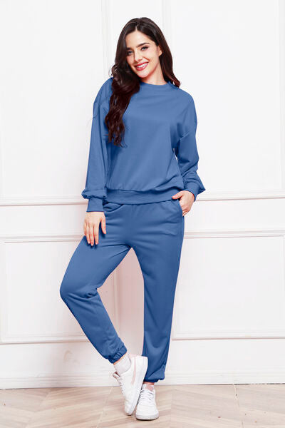 FleeceFlex Round Neck Long Sleeve Sweatshirt and Pants Set - FleekGoddess