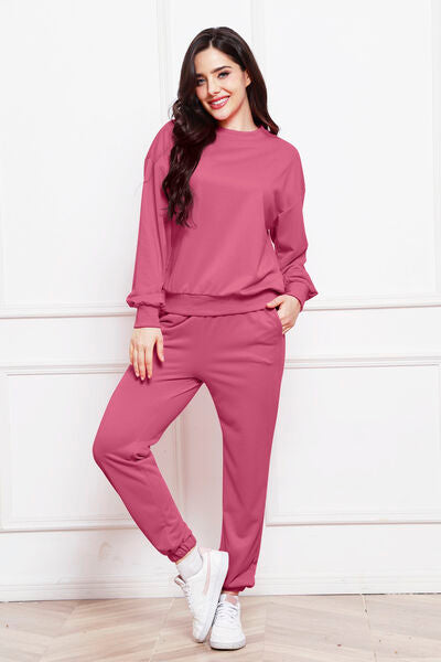 FleeceFlex Round Neck Long Sleeve Sweatshirt and Pants Set - FleekGoddess