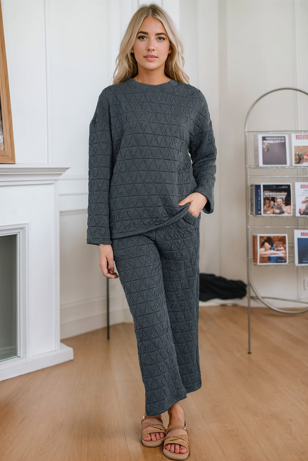 FleeceFlex Round Neck Top and Pocketed Pants Lounge Set - FleekGoddess