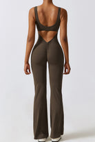 YogaFlex Cutout Ruched Bootcut Sleeveless Active Jumpsuit - FleekGoddess