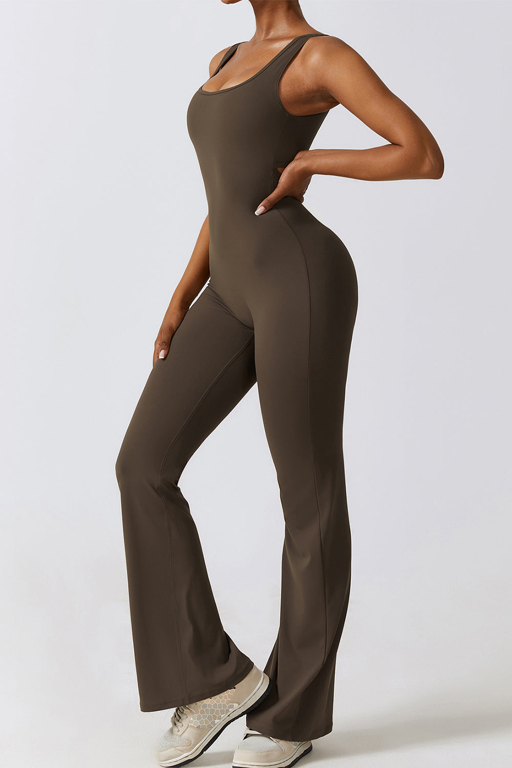 YogaFlex Cutout Ruched Bootcut Sleeveless Active Jumpsuit - FleekGoddess