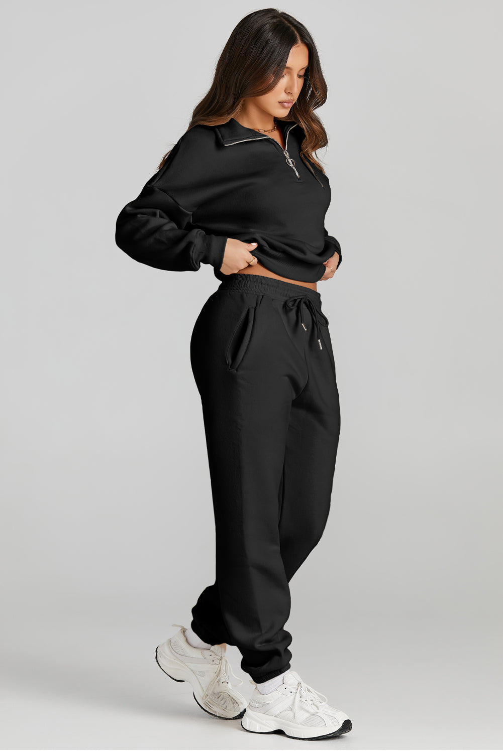 FleeceFlex Quarter Zip Top and Drawstring Pants Active Set - FleekGoddess