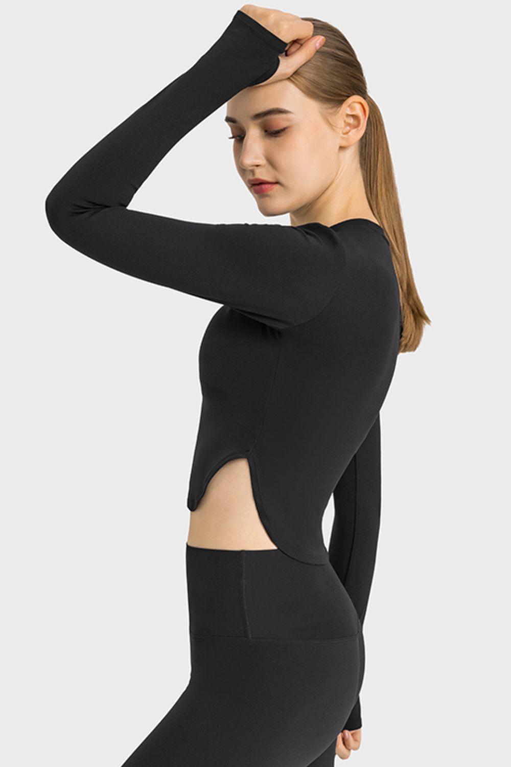 TrainTech Side Slit Long Sleeve Round Neck Crop Top - FleekGoddess