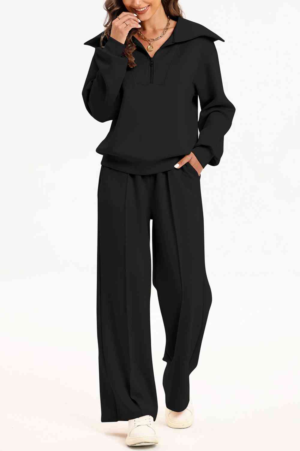 FleeceFlex Half Zip Collared Neck Sweatshirt and Pants Set - FleekGoddess