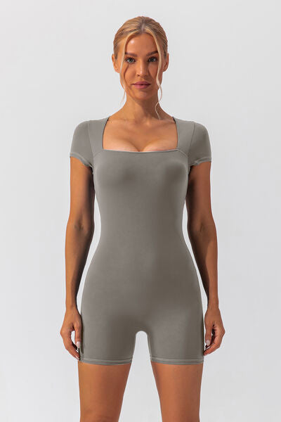 Square Neck Cap Sleeve Active Romper - FleekGoddess