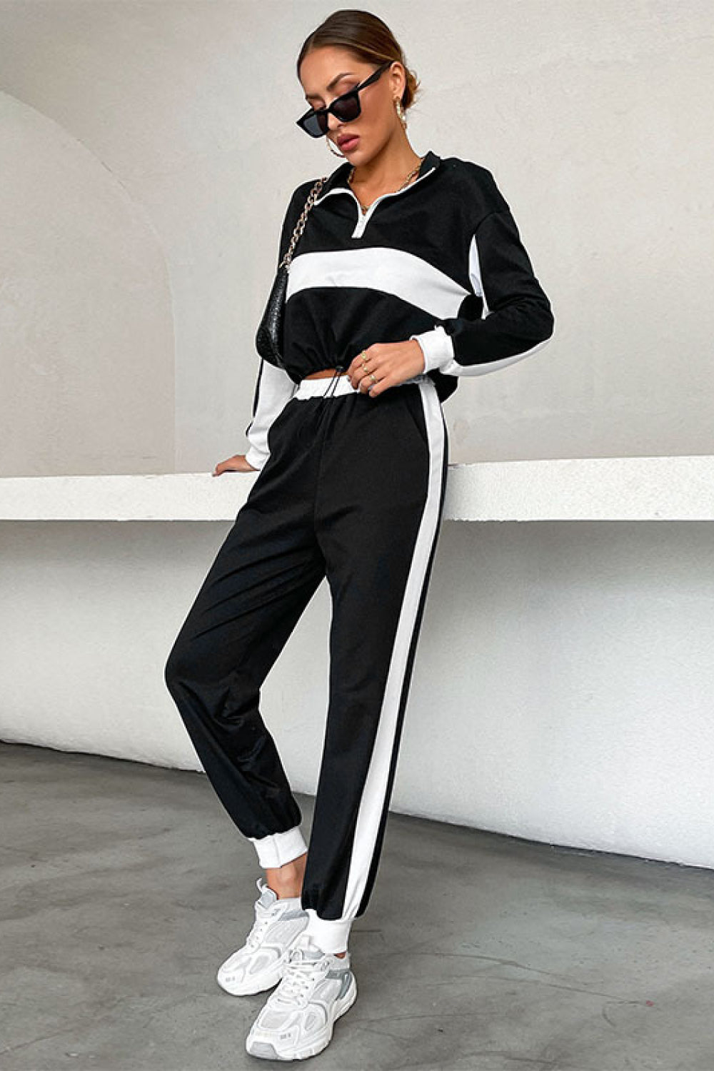 FleeceFlex Striped Half Zip Cropped Sweatshirt and Joggers Set - FleekGoddess