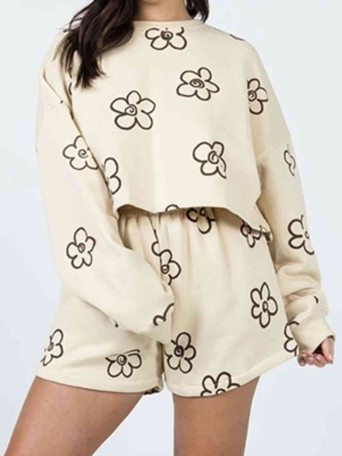 FleeceFlex Floral Dropped Shoulder Sweatshirt and Shorts Set - FleekGoddess