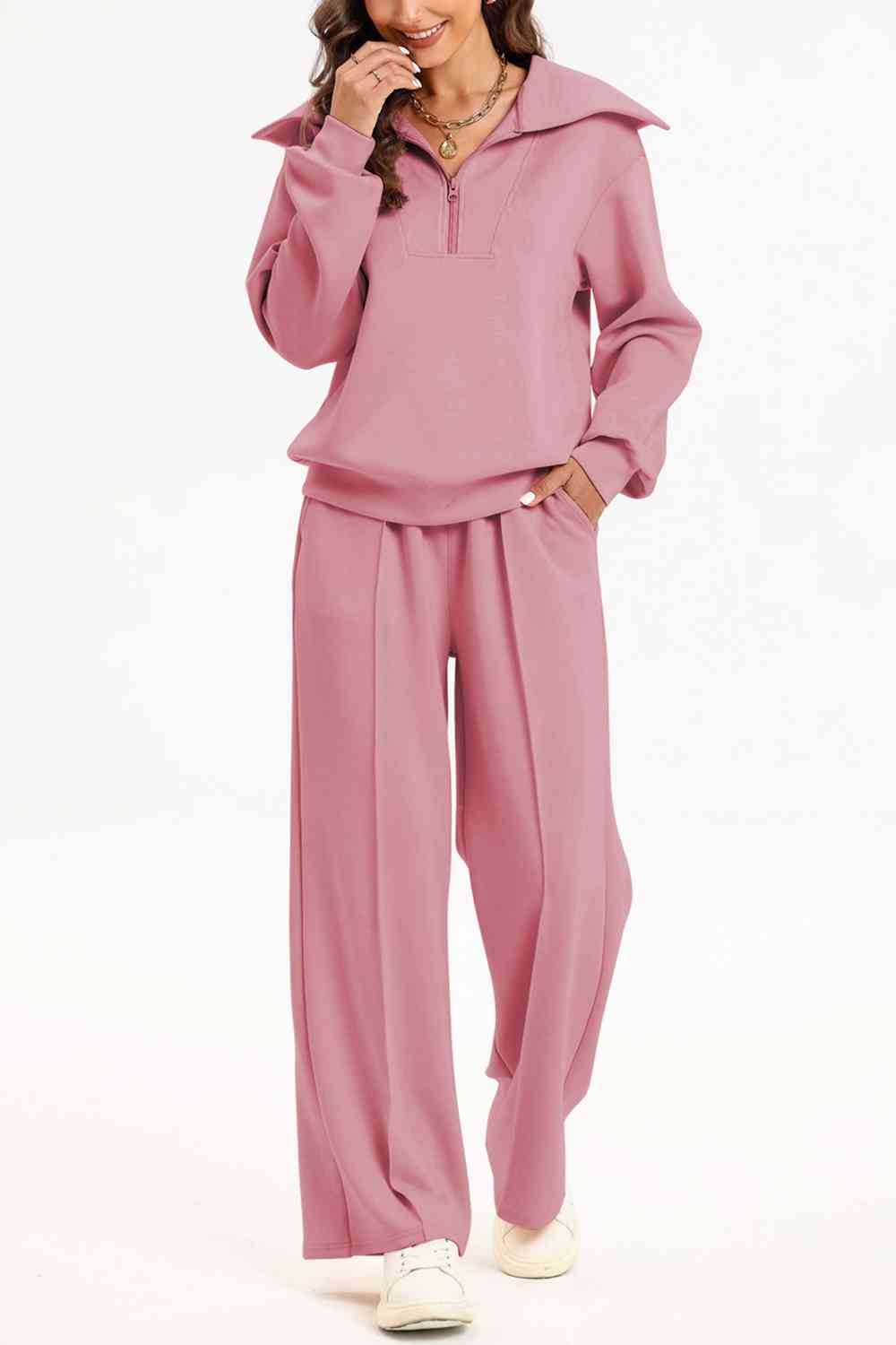 FleeceFlex Half Zip Collared Neck Sweatshirt and Pants Set - FleekGoddess