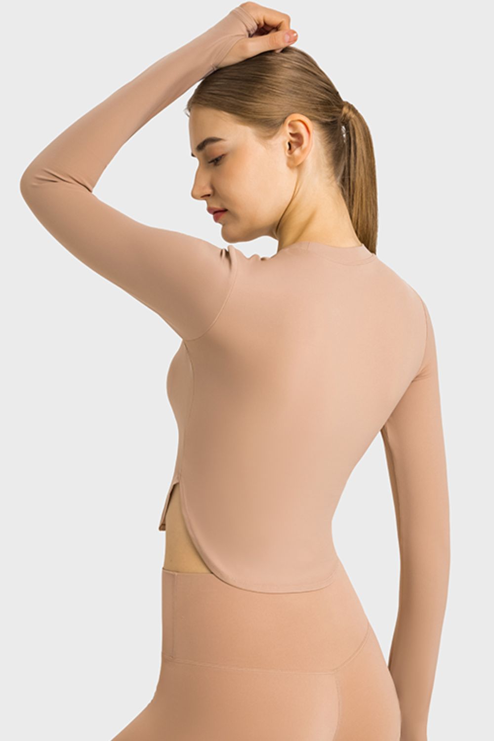 TrainTech Side Slit Long Sleeve Round Neck Crop Top - FleekGoddess