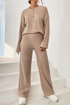 FleekGoddess Ribbed Half Button Top and Pants Set - FleekGoddess